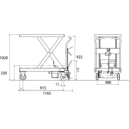 ダンディリフト スチール製 800kg リフト台車 UDA-800 寸法図