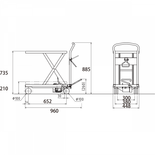 ダンディリフト スチール製 150kg リフト台車 UDL-150 寸法図