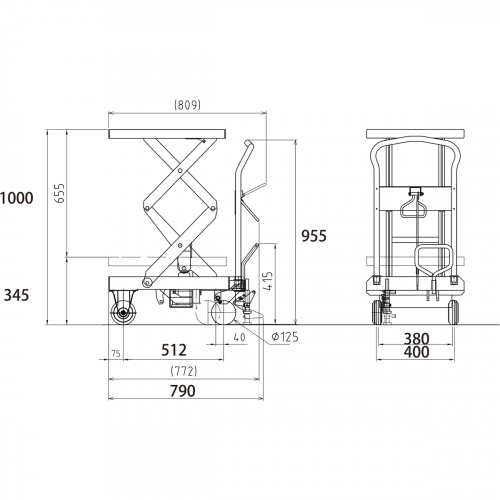 ダンディリフト スチール製 500kg リフト台車（Wシザー） UDS-500W 寸法図